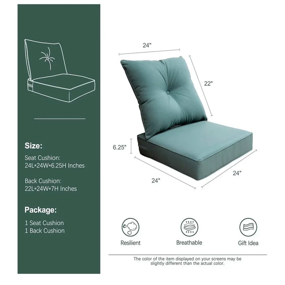 Set of 2 Indoor Outdoor Deep Seat Chair Cushion, Fade Resistant, 24 inches